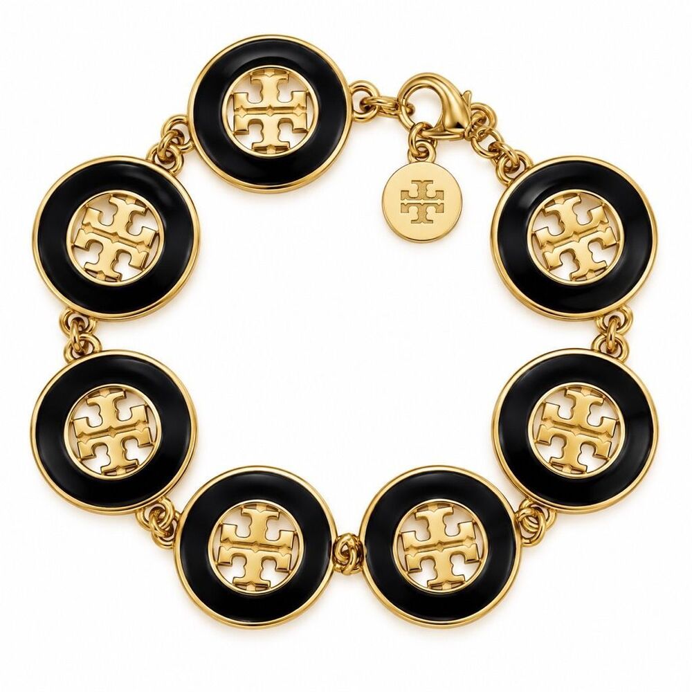 Tory Burch Black Enamel Gold Tone Double T Logo Medallion Link Bracelet